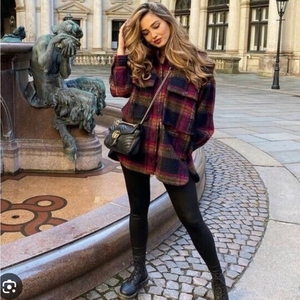 ZARA Plaid Overshirt Jacket Size S | Wool Blend Shacket | Pink Black Tartan Coat